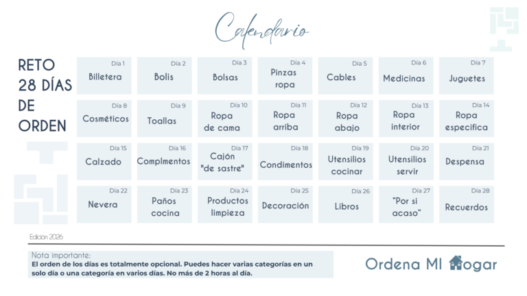 Calendario Reto 28 días de orden - 2026